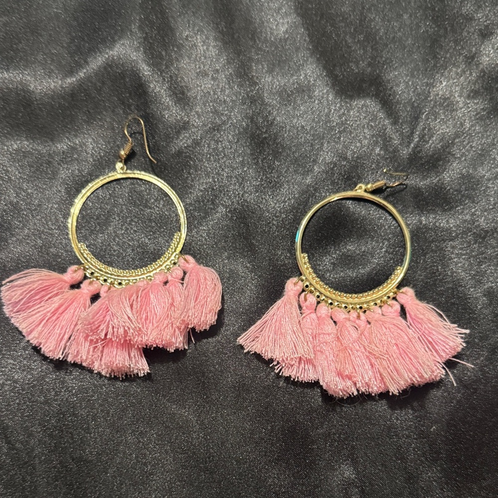Pink Tassel Hoop Earrings - Gold Tone